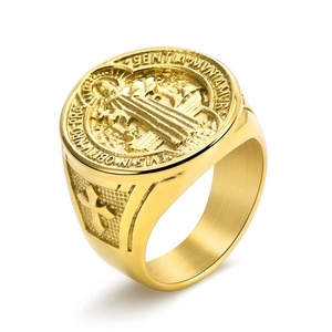 Men's gold Saint Benedict exorcism seal ring in stainless steel with cross relief