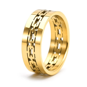 Golden unisex hollow Cuban link chain ring in matte brushed stainless steel finish
