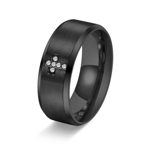 Bague en Acier au Titane avec Croix et Strass pour Homme Surface Brossée Minimaliste Bague Religieuse Bijoux de Mode