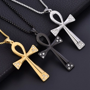 Ägyptische Ankh-Kreuzanhänger aus Edelstahl mit Strasssteinen in Gold, Schwarz und Silber