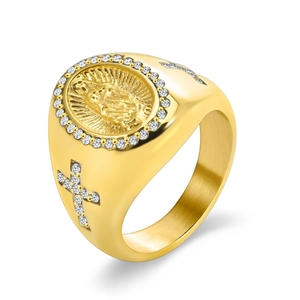 Anello Vergine Maria in Acciaio Inossidabile Placcato Oro 18K per Donna Hip Hop Strass Religioso Guadalupe Anello Gioielli