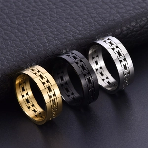 Polished hollow Cuban chain rings for men and women in gold, black, and silver stainless steel
