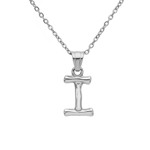 Macro detail of high-polished silver bamboo letter I pendant on a fine link chain necklace