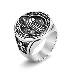 Vintage Saint Benedict Medal Exorcism Cross Signet Ring For Men Titanium Steel Hip Hop Religious Embossed Band Ring Jewelry