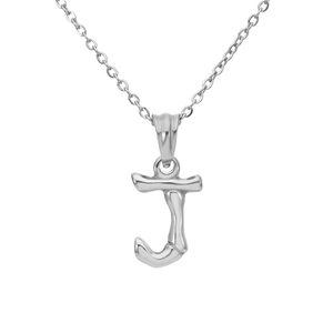 Macro shot of silver bamboo textured capital letter J pendant on a fine O-chain necklace
