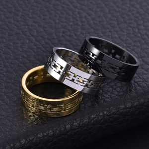 Three men's stainless steel rings in gold, silver and black with hollow cuban chain design