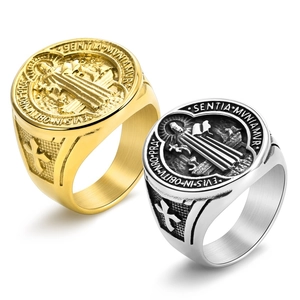 Saint Benedict religious signet rings in gold and silver finish with cross details