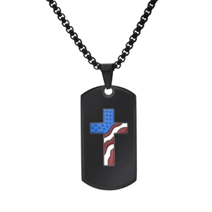 Black stainless steel dog tag necklace with American flag cross pendant for men