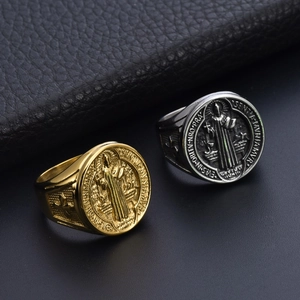 Saint Benedict religious medallion ring in gold and vintage silver stainless steel