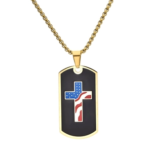 Titanium steel dog tag necklace with black cross pendant and American flag motif