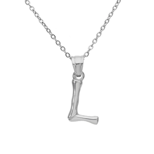 Detailed view of silver bamboo texture uppercase L letter pendant on link chain