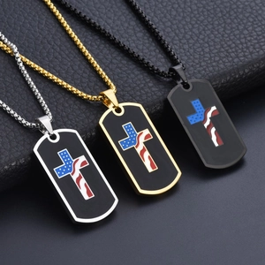 Army dog tag cross necklaces in silver, gold, and matte black with American flag detail