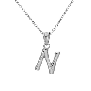 Detailed view of silver bamboo texture capital letter N pendant on a steel chain