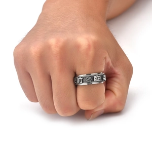Vintage stainless steel spinner ring for men with engraved Chinese characters and Tai Chi sign