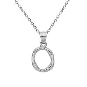 Detail of silver bamboo textured round pendant with fine stainless steel cross chain