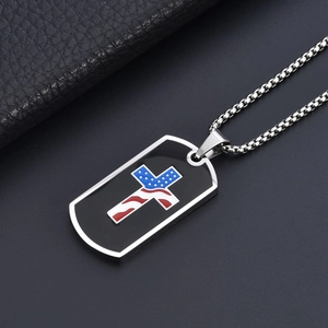 Mens stainless steel dog tag necklace with American flag cross and black enamel pendant