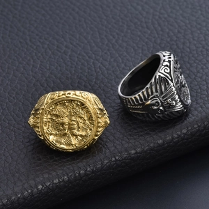Vintage Egyptian pharaoh and Anubis relief rings in gold and silver stainless steel