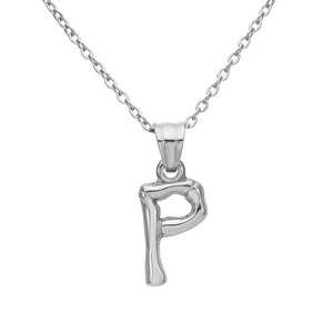 Close-up of bamboo textured letter P pendant on silver stainless steel chain necklace