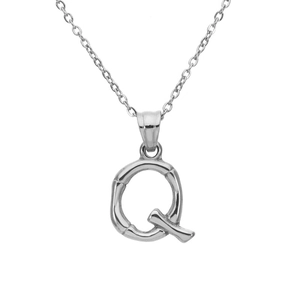 Close-up of silver letter Q pendant with bamboo texture on a stainless steel chain