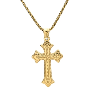 Collana a croce in acciaio inossidabile dorato stile hip hop con goffratura retrò e catena