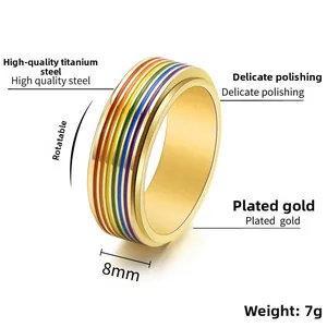 Detail of 8mm golden rainbow spinner ring showing polished steel texture and rotation