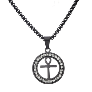 Collier avec pendentif croix Ankh noire en acier inoxydable serti de strass brillants
