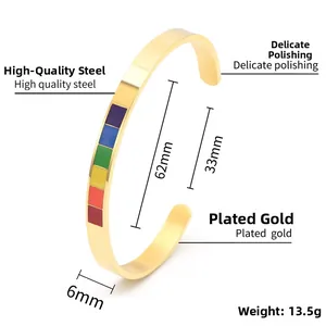 Detailed view of 6mm rainbow C-shaped titanium steel bracelet with gold plating finish