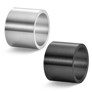 Macro detail of 19mm wide brushed titanium steel rings in silver and black finish
