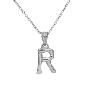 Detailed close-up of bamboo textured letter R pendant on a thin silver chain necklace
