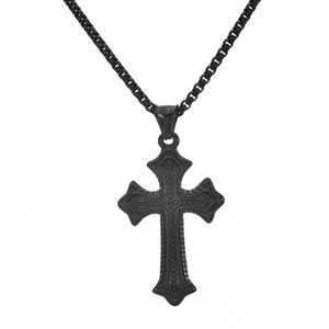 Collana da uomo con croce nera in acciaio inossidabile con rilievo e catena box