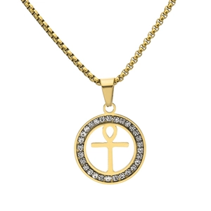 Collier Pendentif Rond en Acier Inoxydable Hip Hop Croix d'Ankh avec Strass pour Hommes Femmes Or Argent Noir Bijoux