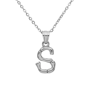 Macro detail of silver S-shaped letter pendant with bamboo texture on O-chain necklace