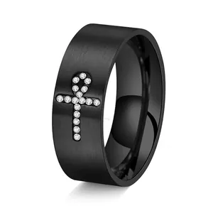 Men's Titanium Steel Ankh Cross Ring Brushed Finish Rhinestone Inlaid Fashion Religious Jewelry Band For Men Daily Gift