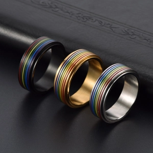 Minimalist rainbow spinning rings in black, gold, and silver stainless steel finishes