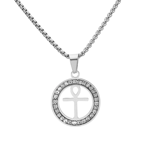 Pendentif croix Ankh en argent avec strass brillants sur une chaîne à mailles carrées