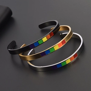 Rainbow enamel C-shaped stainless steel open cuff bracelets in black, gold and silver
