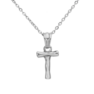 Detailed view of silver T-shaped cross pendant with organic hammered texture on chain