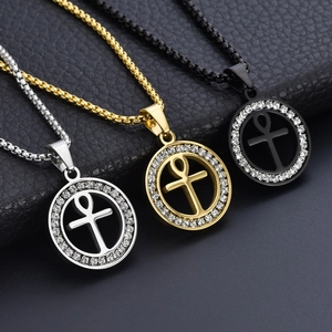 Colliers pendentifs Croix d'Ankh Hip Hop en or, argent et noir avec zircons