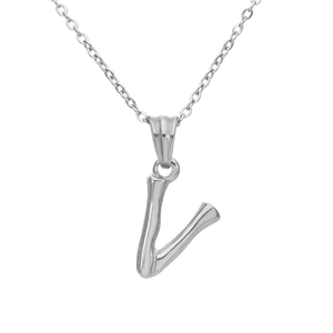Macro shot of silver bamboo textured capital V letter pendant necklace in stainless steel