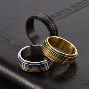 Rainbow striped rotating rings in gold silver and black stainless steel with brushed finish
