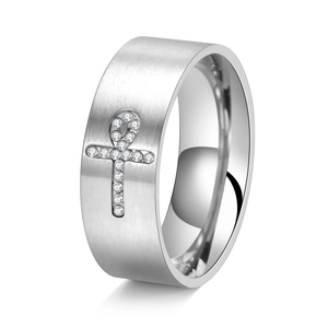 8mm brushed titanium steel ring featuring a diamond-encrusted Ankh cross for men