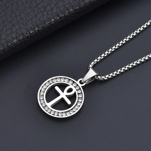 Collier avec pendentif croix d'Ankh en acier poli et cercle incrusté de cristaux brillants