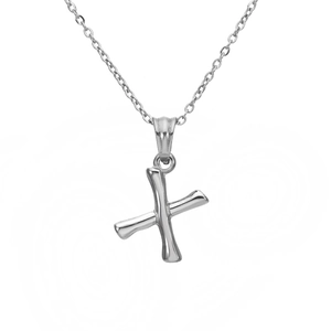 Detail of silver bamboo style letter X pendant on a delicate cable chain necklace