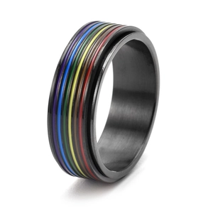 Rotating stainless steel black brushed ring featuring six-color rainbow stripe design