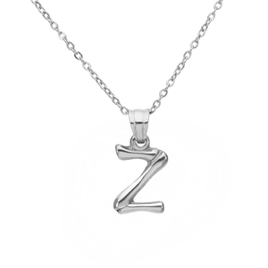Macro shot of silver bamboo textured letter Z pendant on a sleek titanium steel necklace