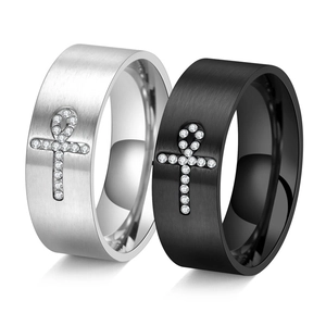 Brushed 8mm titanium steel Ankh cross rings in black and silver with CZ stone inlay