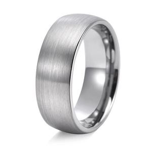 Macro detail of silver tungsten ring with brushed surface and polished inner edge