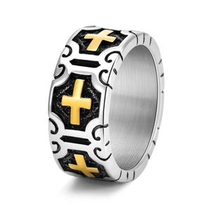 Retro punk cross ring in titanium steel with gold relief and silver brushed finish
