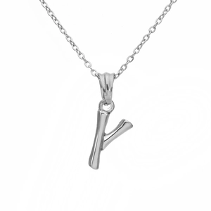 Macro shot of silver letter Y pendant featuring unique bamboo texture on a steel chain