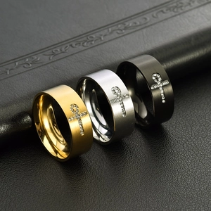 Men's 8mm brushed stainless steel Ankh cross rings in gold, silver, and black finish